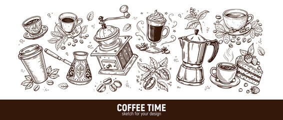 Coffee set: beans, branch, cup, grinder, kettle, turk. Hand-drawn sketch.