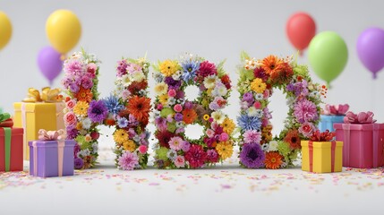 Floral HBD Letters with Colorful Balloons and Birthday Gifts