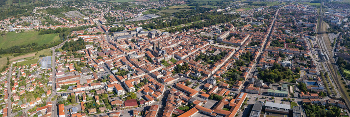 An Aerial panorama view with pan of the old town around the city Lunéville in France on a sunny...