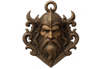 Close-up of a bronze pendant featuring the face of a viking warrior, isolated on a transparent background