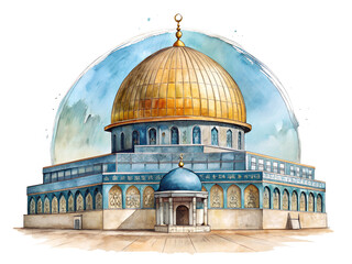 Obraz premium Watercolor Illustration of a Golden and Blue Dome Building on Transparent Background, Watercolor Illustration on Transparent Background