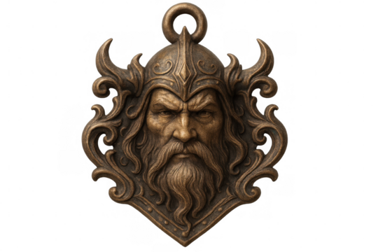 Close-up of a bronze pendant featuring the face of a viking warrior, isolated on a transparent background