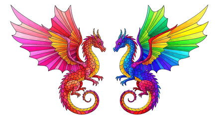 Two Colorful Dragons Facing Each Other with Wings Spread on White Background