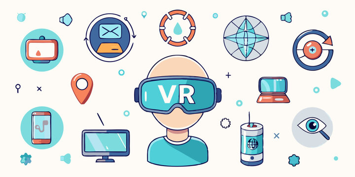 Collection of ten modern icons representing virtual reality and augmented reality experiences