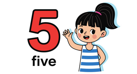 Cartoon Girl with Number Five: Educational Illustration for Children Learning Numbers