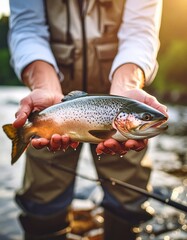 Obraz premium Successful fisherman proudly holding a freshly caught rainbow trout by the river.