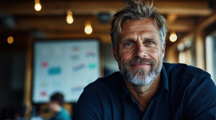 Obraz premium This warm image depicts a smiling middle-aged man in a well-lit workspace, exuding confidence and approachability, perfect for conveying positive energy in professional settings.