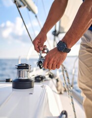 Man's hands working a winch on a luxury sailing yacht during an ocean adventure.