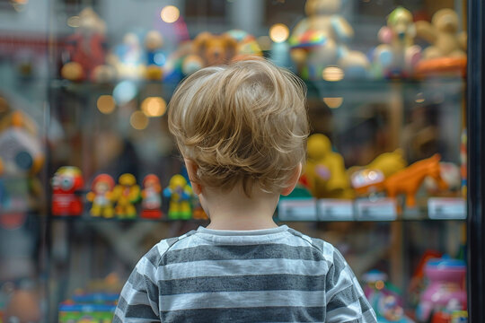 Generative AI image of a cheerful child enjoying a visit to a colorful toy store