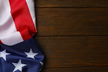 USA Memorial day, Presidents day, Veterans day, Labor day, or 4th of July celebration. USA national flag on wooden background. Top view, space for text