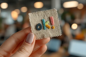 Yellow square note with handwritten “ok!” held by a female hand in a vivid creative office setting. Great for concepts of agreement, confirmation, mindset, or productivity communication.