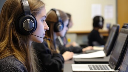 Teens working on laptops with headphones