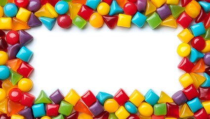 Fototapeta premium Vibrant assortment of colorful geometric candies forming a border on a white background