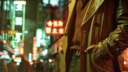 Naklejka premium A closeup of a trench coat worn by a detective on a city street at night, conveying an air of suspense and intrigue.