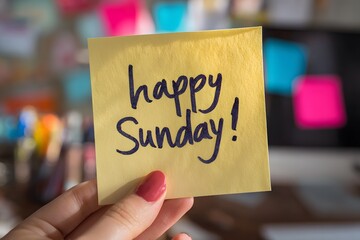 A woman’s hand holding a yellow sticky note with handwritten “Happy Sunday!” in a cozy and creative workspace. Perfect for lifestyle themes, motivation, weekend content, and social media posts.