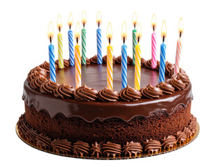 Chocolate Birthday Cake with Colorful Candles – Transparent PNG Cutout