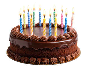 Chocolate Birthday Cake with Colorful Candles – Transparent PNG Cutout