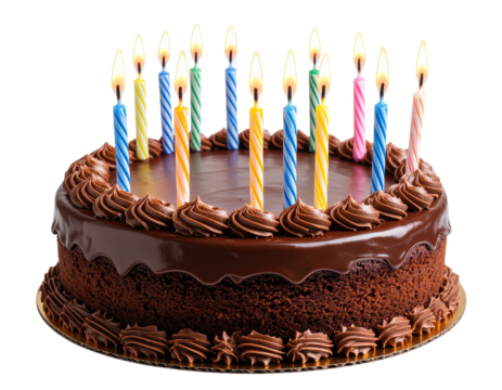 Chocolate Birthday Cake with Colorful Candles – Transparent PNG Cutout