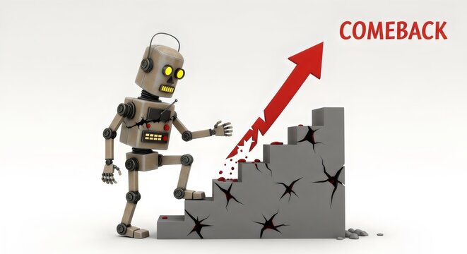 Robot climbs stairs toward comeback arrow isolated on white background