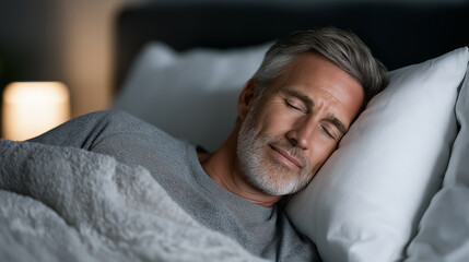 Peaceful sleep concept with a relaxed middle-aged man lying in bed under soft bedding, dimly lit by moonlight or a bedside lamp, with minimalist surroundings and space for overlay text. man sleeping