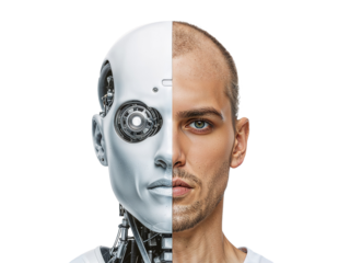 Half Human Half Robot Face – Isolated PNG for Artificial Intelligence and Technology Concepts

