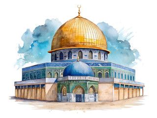Naklejka premium Watercolor Painting of Dome of the Rock in Jerusalem on Transparent Background, Watercolor Illustration on Transparent Background