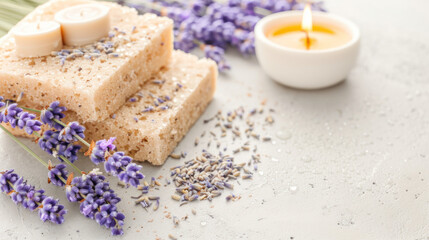 Relaxing Lavender Spa Essentials with Soap, Candles, and Flowers for Aromatherapy and Self-Care