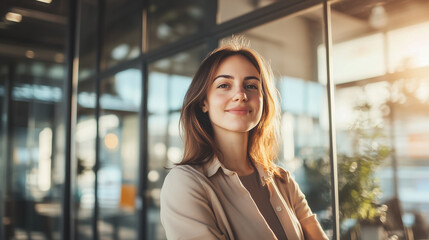 A confident young woman standing in a modern office with natural sunlight smiling and ready to take on new challenges
