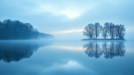 Fototapeta premium Misty Lake Serenity: Trees Reflected