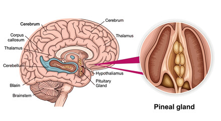 Detailed Illustration of Human Brain Anatomy with Pineal Gland Highlighted