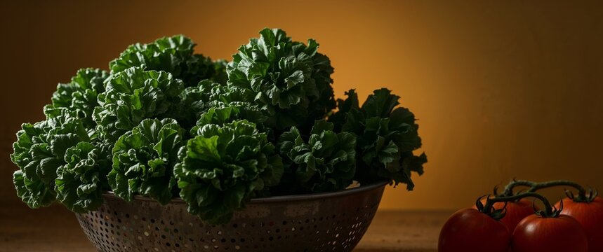 Freshly Washed Kale in a Colander with Tomatoes, a Healthy Cooking Ingredients