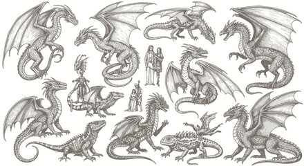 Diverse Collection of Dragons and Lizards in Vintage Style Illustrations