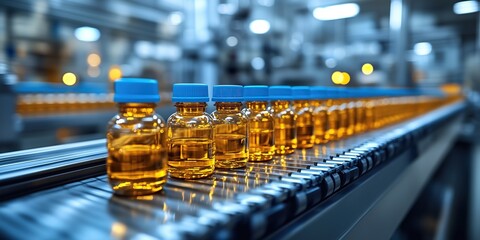 Image of many yellow pill bottles being transported on a conveyor belt in a factory