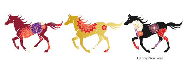 駆ける馬のシルエットイラスト素材セット ベクター 干支 十二支 和花 年賀 白背景