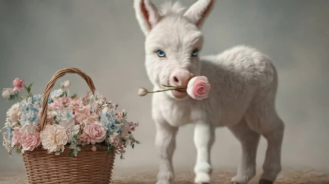 Fluffy white foal holding a pink rose