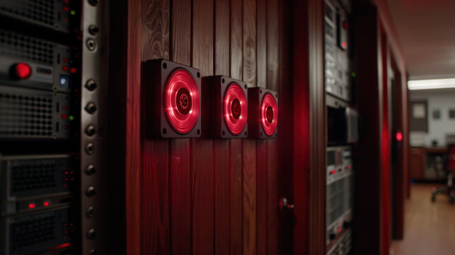 Modern server room with red-lit hardware, showcasing technology and innovation in a secure and organized data center environment