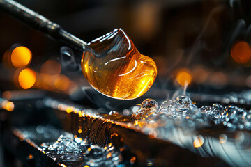 Glass Blowing in Factory with Molten Glass in Artisan Process, Generative AI