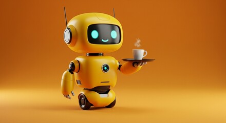 Friendly yellow robot serving coffee