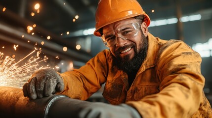 A smiling worker in protective gear operates machinery in a factory, sparks flying around, representing hard work, skill, and dedication in an industrial environment.