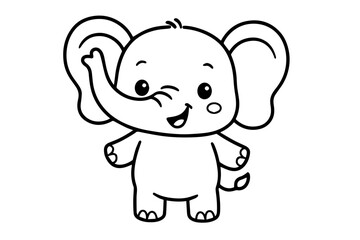 Happy Kawaii Elephant with Raised Trunk Isolated Vector Coloring Page