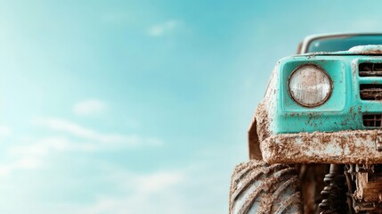 A close-up view of a vintage truck, its tires covered in mud, basking in the sunlight under a clear blue sky, showcasing its rustic charm and adventurous spirit.