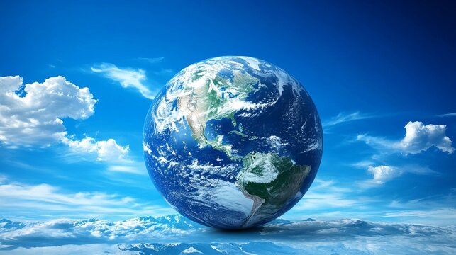 A vibrant Earth globe floats serenely above a landscape of clouds and mountains under a clear blue sky