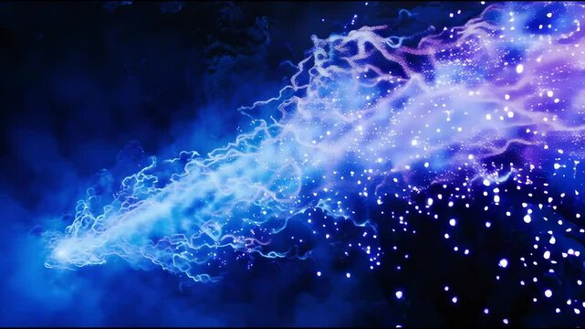 Purple-blue nebula with a glowing energy stream flowing out of it, set against a dark background, in the style of fantasy art.