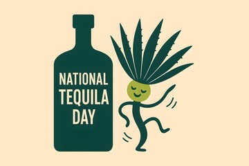 Celebrate National Tequila Day with a festive agave-inspired design featuring a dancing character and tequila bottle