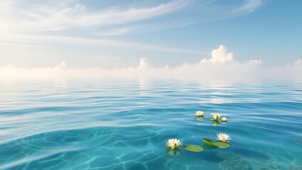 Serene water lily blooms on calm ocean under blue sky