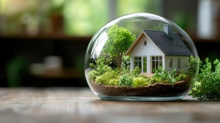 A beautiful miniature house enclosed in a glass dome showcases a serene garden setting, symbolizing harmony with nature and the tranquility of home in a creative display.