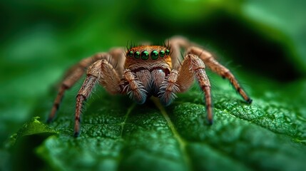 A stunning macro photograph of a spider with vibrant, shiny green eyes, showcasing its intricate features and the lush green leaf it rests upon.