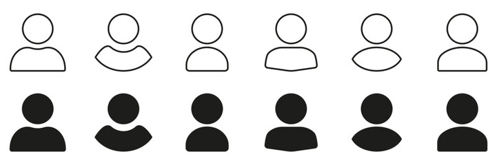 User Profile Icon Set. User Avatar, Account, And Identity Representation Outline And Solid Symbol Collection. Personal Identification And Social Media Profile Icons. Isolated Vector Illustration