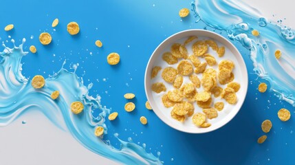 A 4K photo of white bowl with cereal and milk floating on diagonal blue-white background, surreal breakfast mockup for food ad.