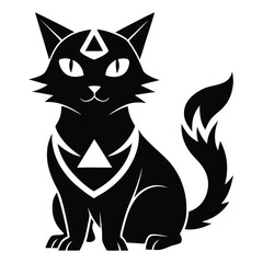 Mystical Cat with Triangle Markings A Black and White Silhouette of a Feline with Unique Spiritual Emblems